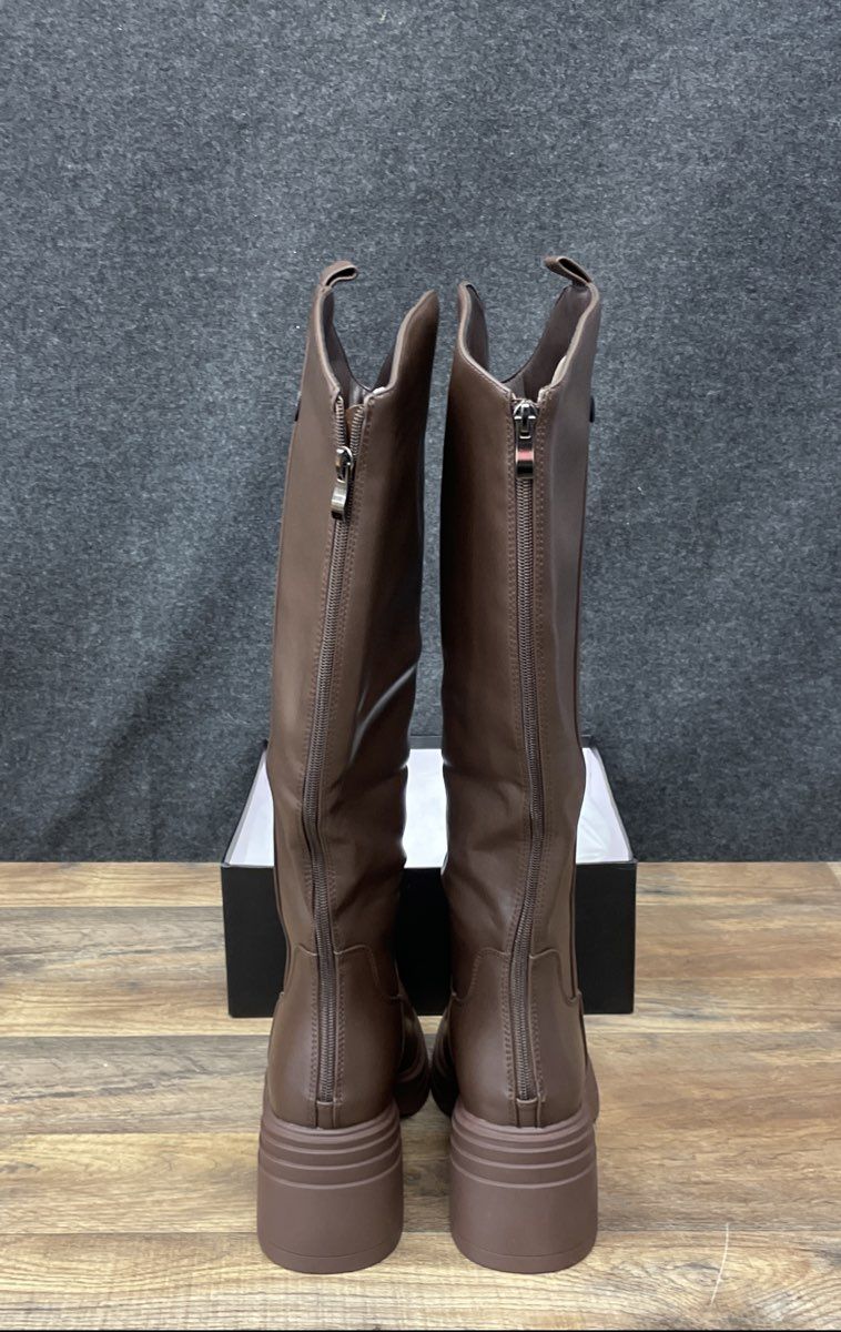 Retro Rise Brown Faux Leather Knee High Platform Boots Women's Size 9 DS