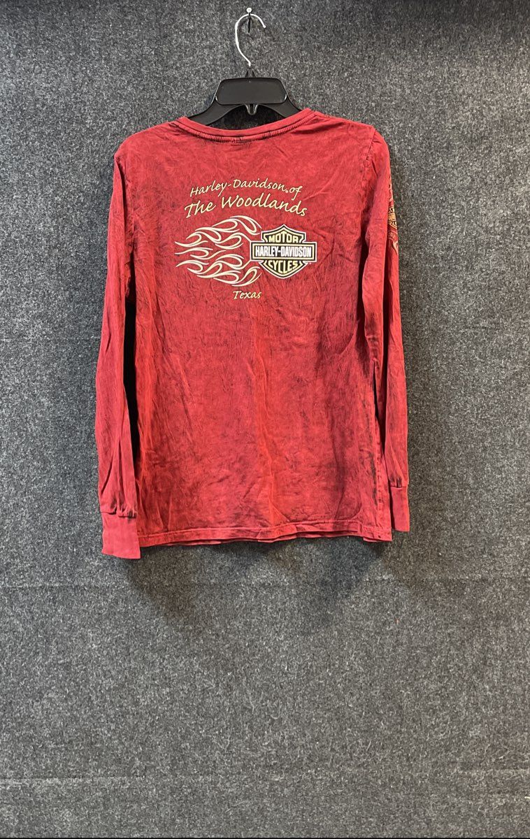 Harley-Davidson The Woodlands Texas V-Neck Long Sleeve Studded Red Shirt Sz L