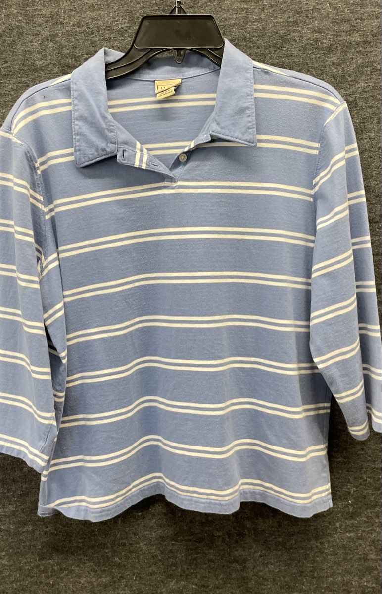 Vintage LL Bean Women's Blue White Striped 3/4 Sleeve Polo Shirt Top Sz L