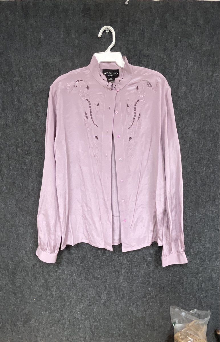 Adolfo Sport Women's Vintage 90s Lavender Silk Embroidered Blouse Sz 10
