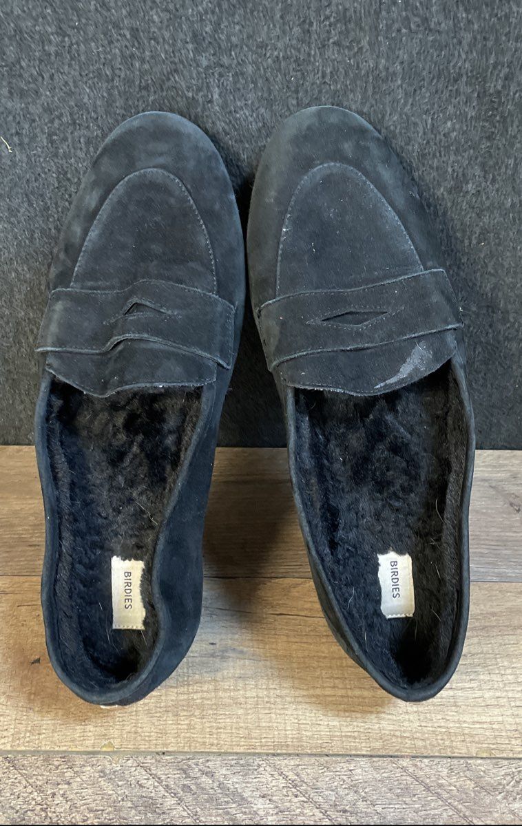 Birdies The Vesper Black Suede Faux Fur Lined Penny Loafers Women's Size 10