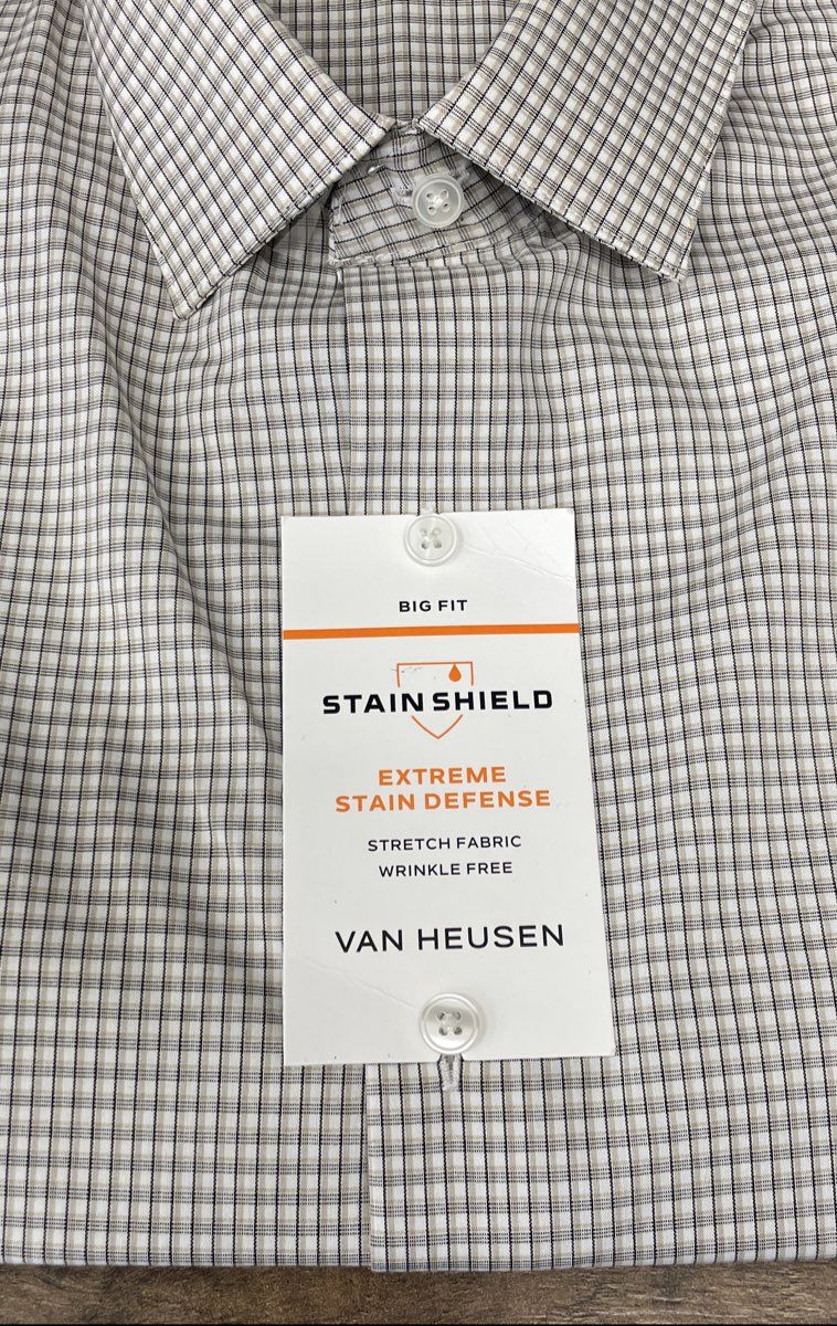 Van Heusen Men's Dress Shirt Tan Black White Check Stain Shield Big Fit NWT 19