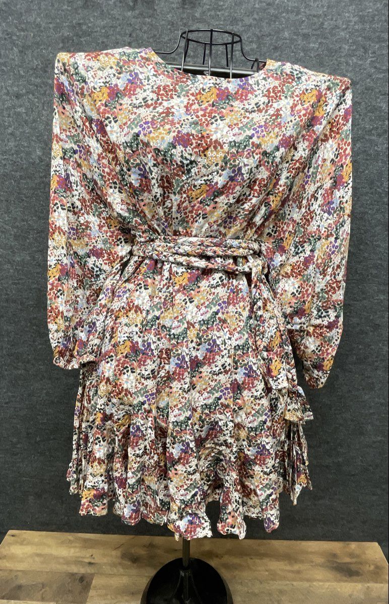 Women's Multicolor Floral Batwing Sleeve Braided Belt Ruffle Tiered Mini Dress