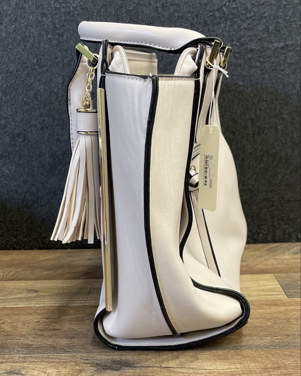 Charming Charlie Ivory Faux Leather Tassel Satchel Shoulder Bag NWT Gold