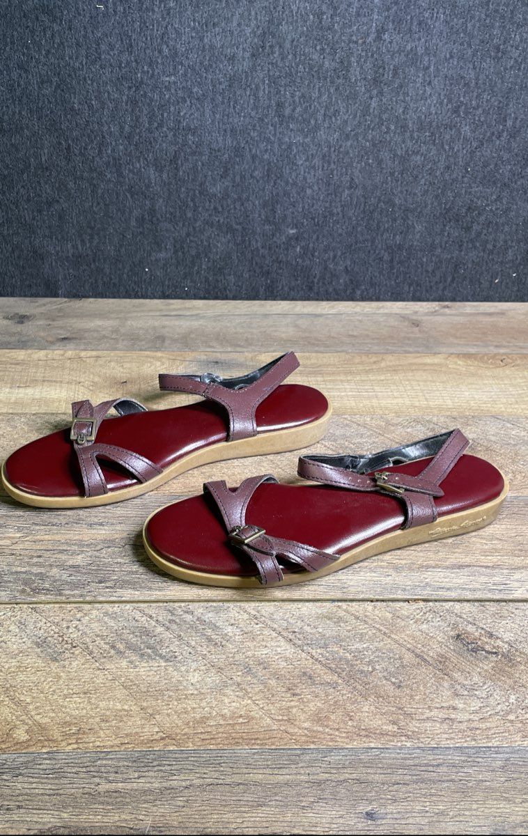 Vintage 90s Etienne Aigner Maroon Leather Multi-Strap Slingback Sandals Size 8