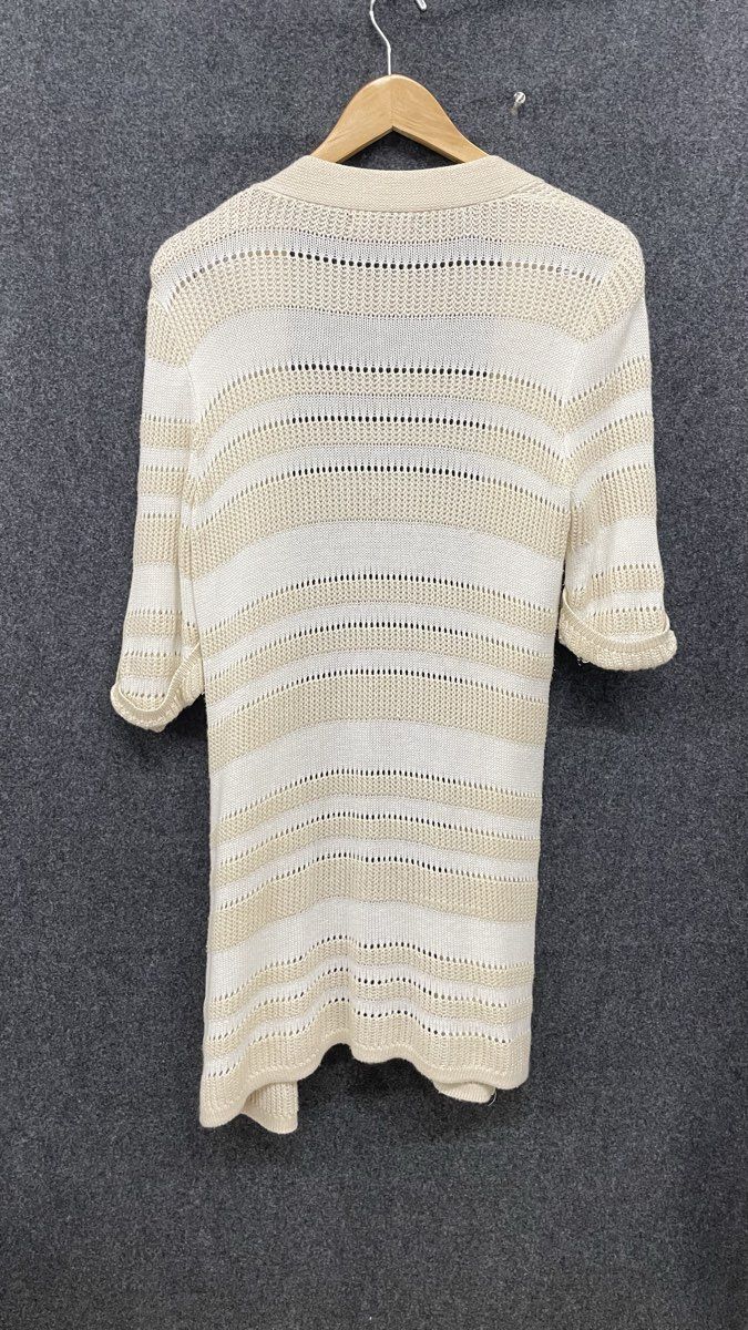Belldini Women's Cream Beige Striped Open Knit Roll Tab Sleeve Cardigan M