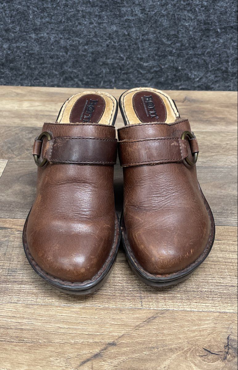 Born Brown Leather Buckle Strap Heeled Clogs Mules Women's Size 8.5