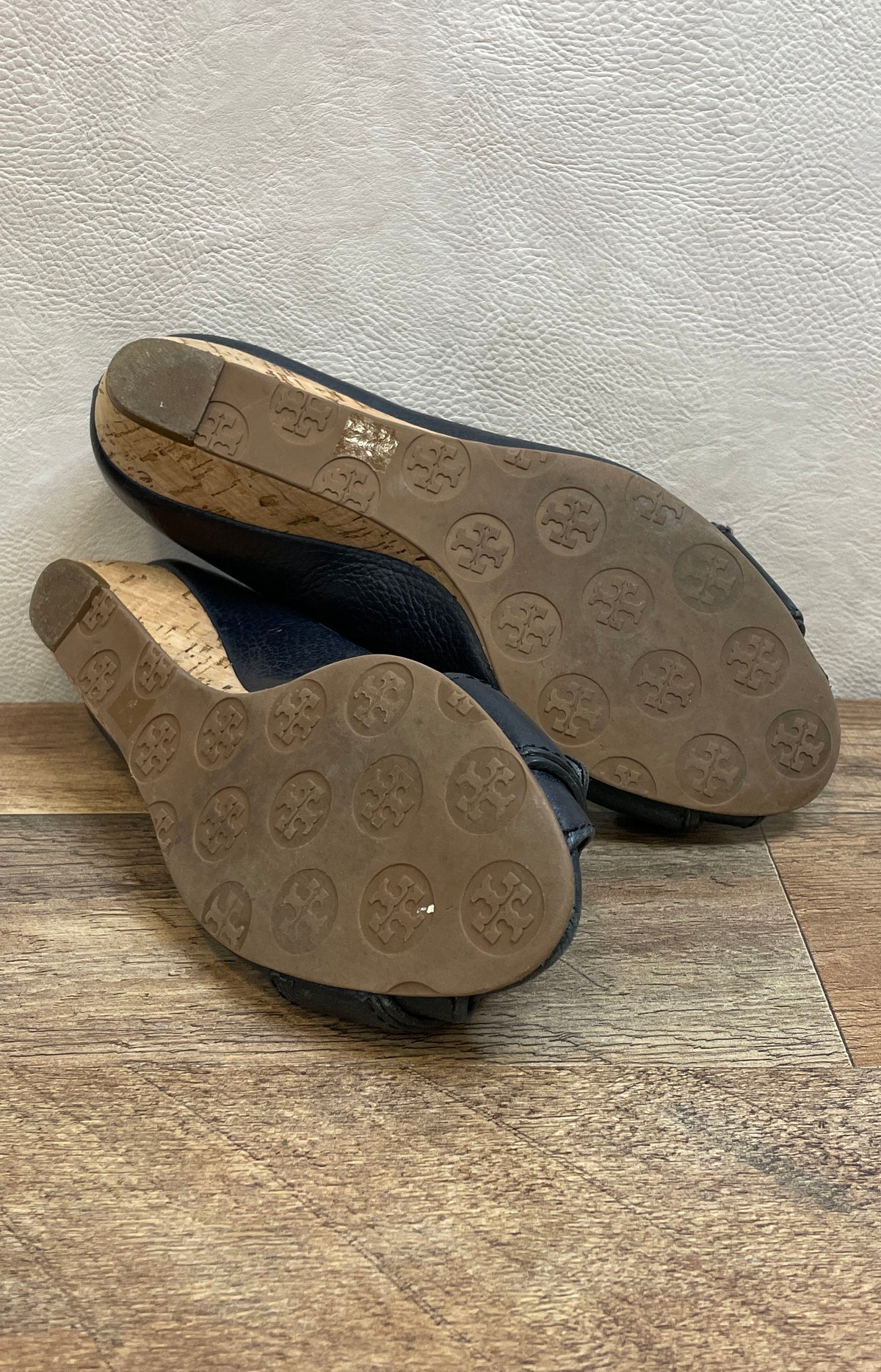 Tory Burch Navy Blue Leather Sally Peep Toe Cork Wedge Heels Size 7M