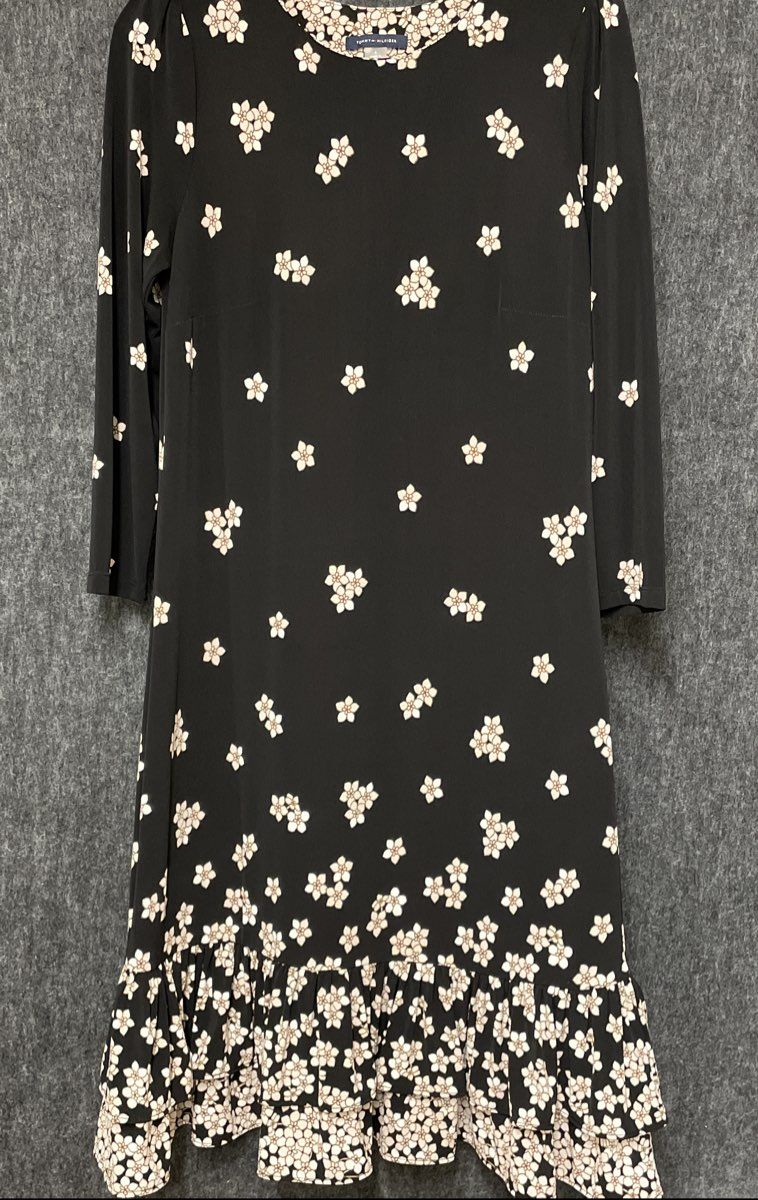 Tommy Hilfiger Women's Black Floral Print Ruffle Hem Long Sleeve Dress Sz 6