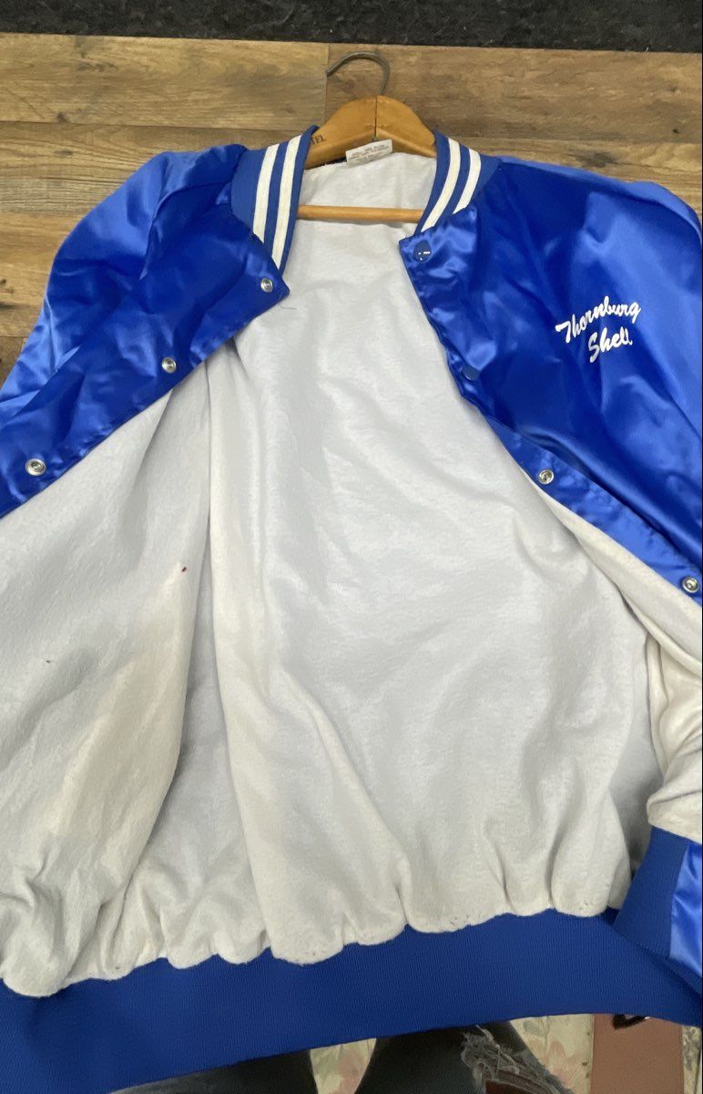 Vintage 80s Thornburg Shell 24 Hr Towing Satin Bomber Jacket Blue XL USA