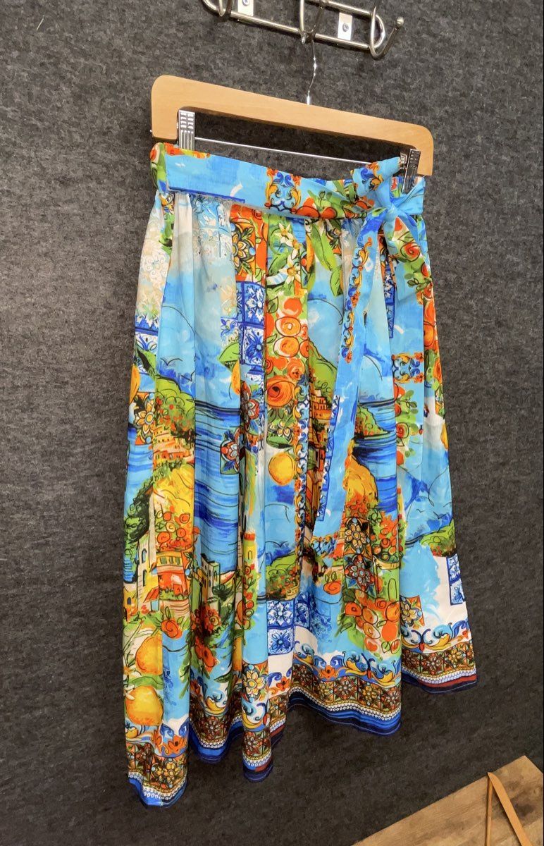 Women's Blue Majolica Mediterranean Lemon Print Pleated Midi Skirt Tie Waist