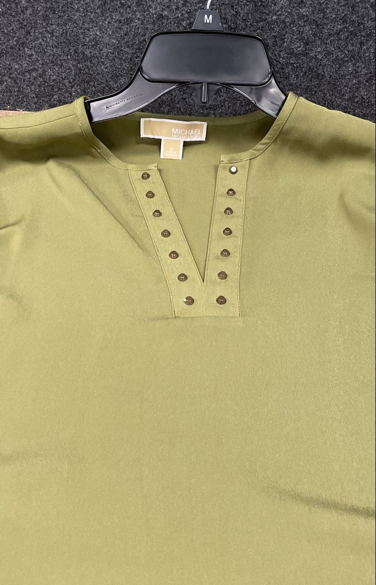 Michael Kors Women's Olive Green Studded V-Neck Flutter Sleeve Blouse Sz M