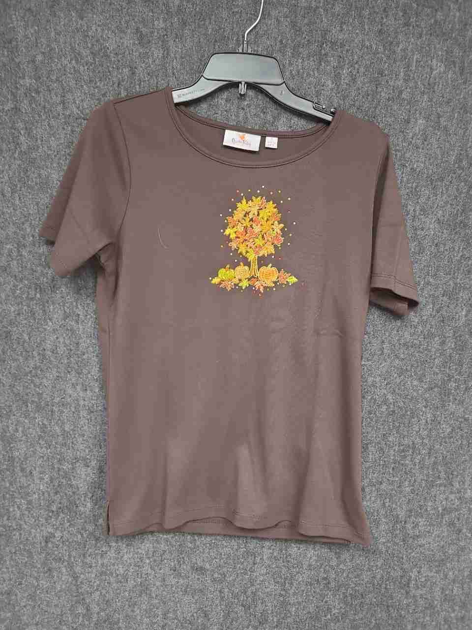 Quacker Factory Women's Brown Autumn Harvest Pumpkin Rhinestone Jacket Tee Sz S