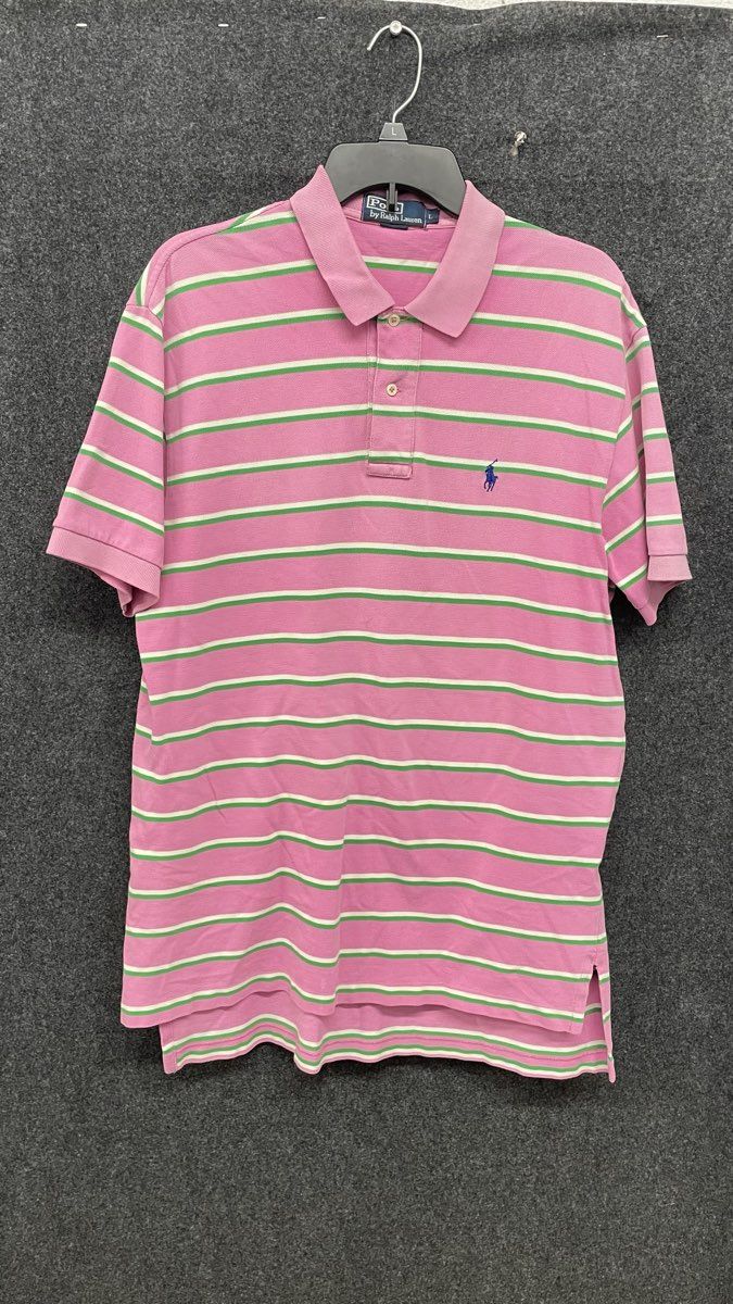 Vintage 90s Polo Ralph Lauren Men's Pink Striped Short Sleeve Polo Shirt Sz L