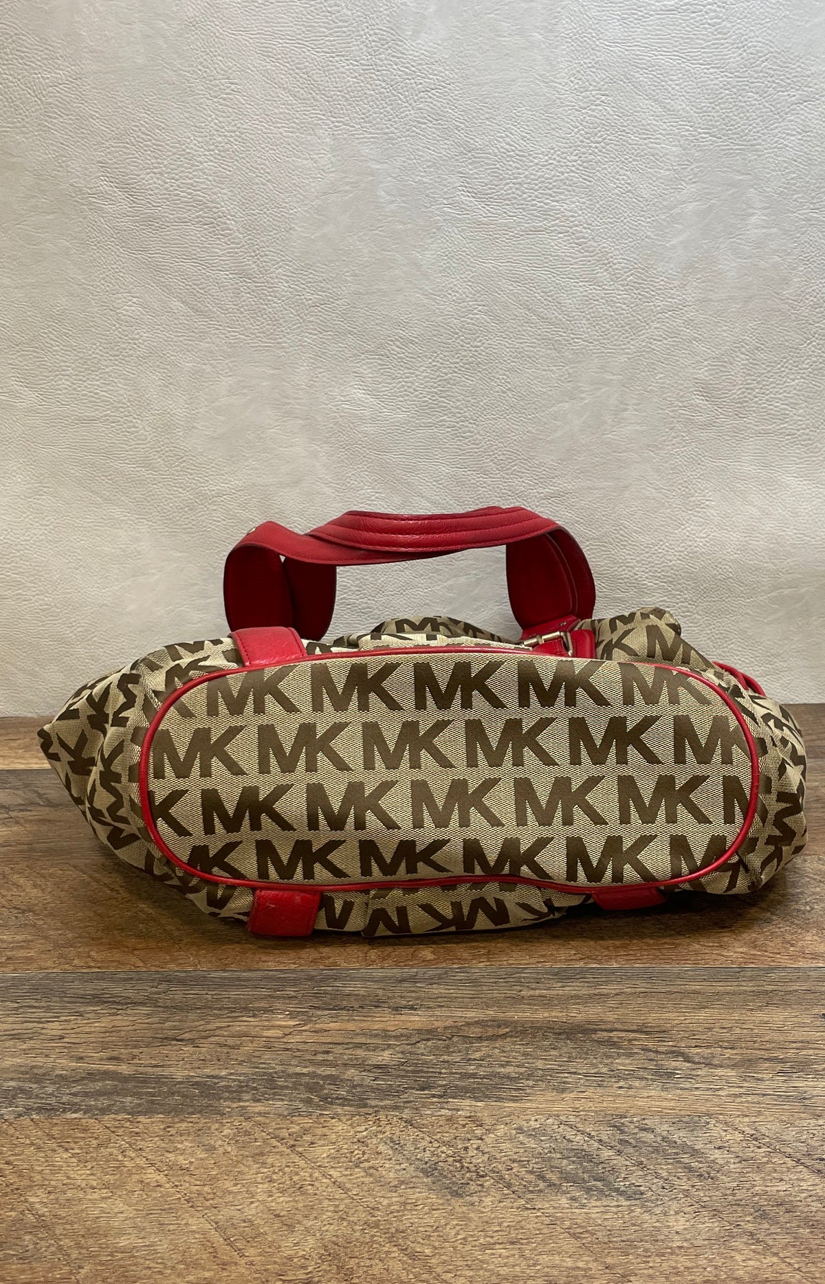 Michael Kors Brown Red Signature Monogram Canvas Hobo Shoulder Bag Gold Hardware