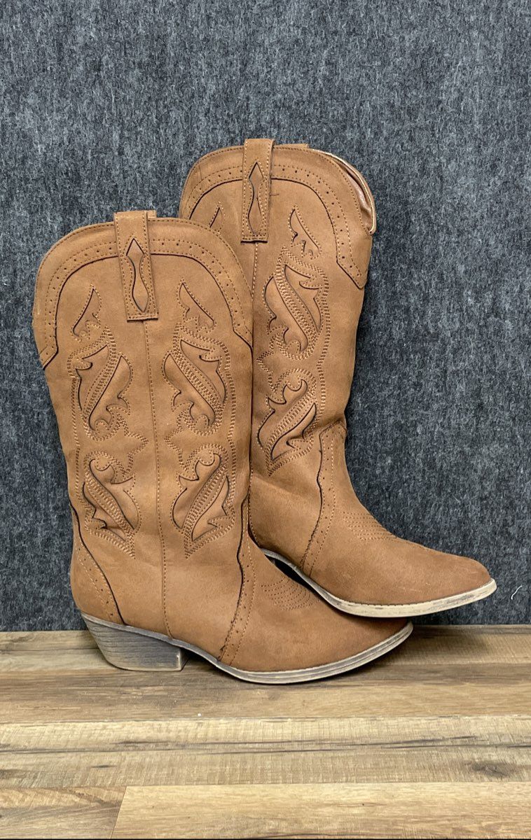 Academy Tan Faux Suede Embroidered Western Cowboy Boots Women's Size 9.5 B