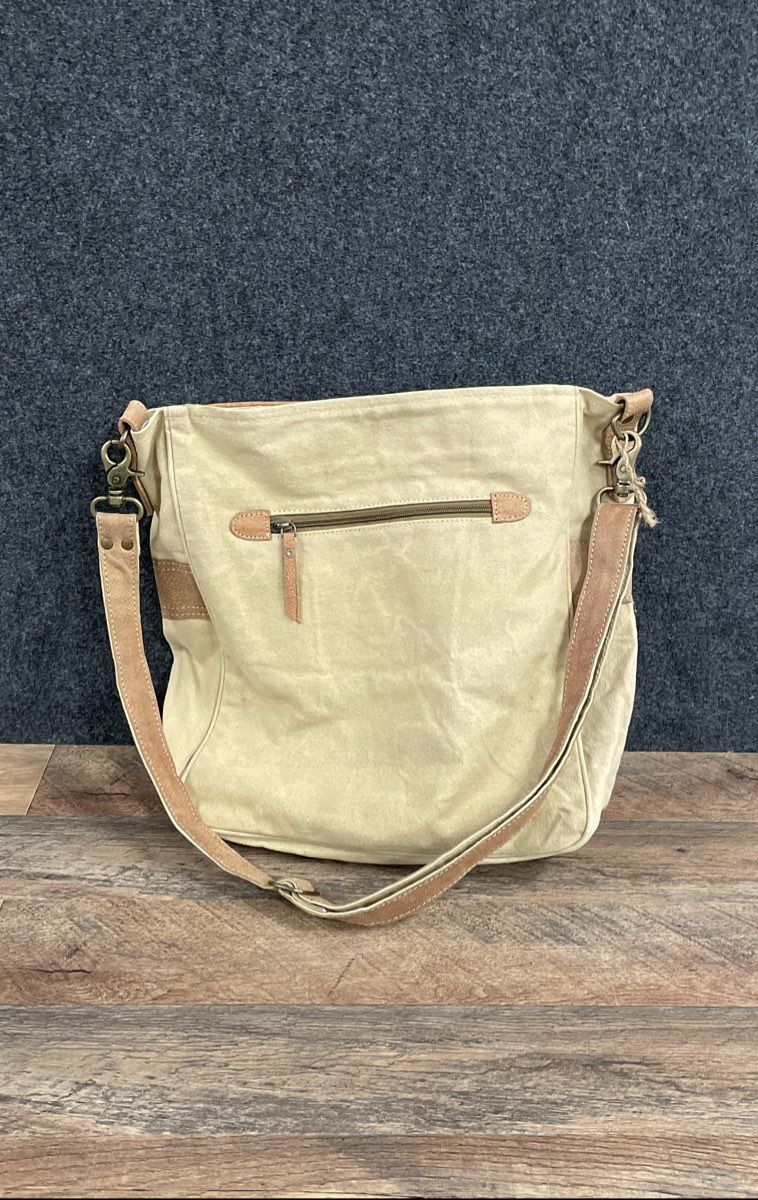 Upcycled Canvas & Cowhide Southwestern Tribal Print Shoulder Bag Tan