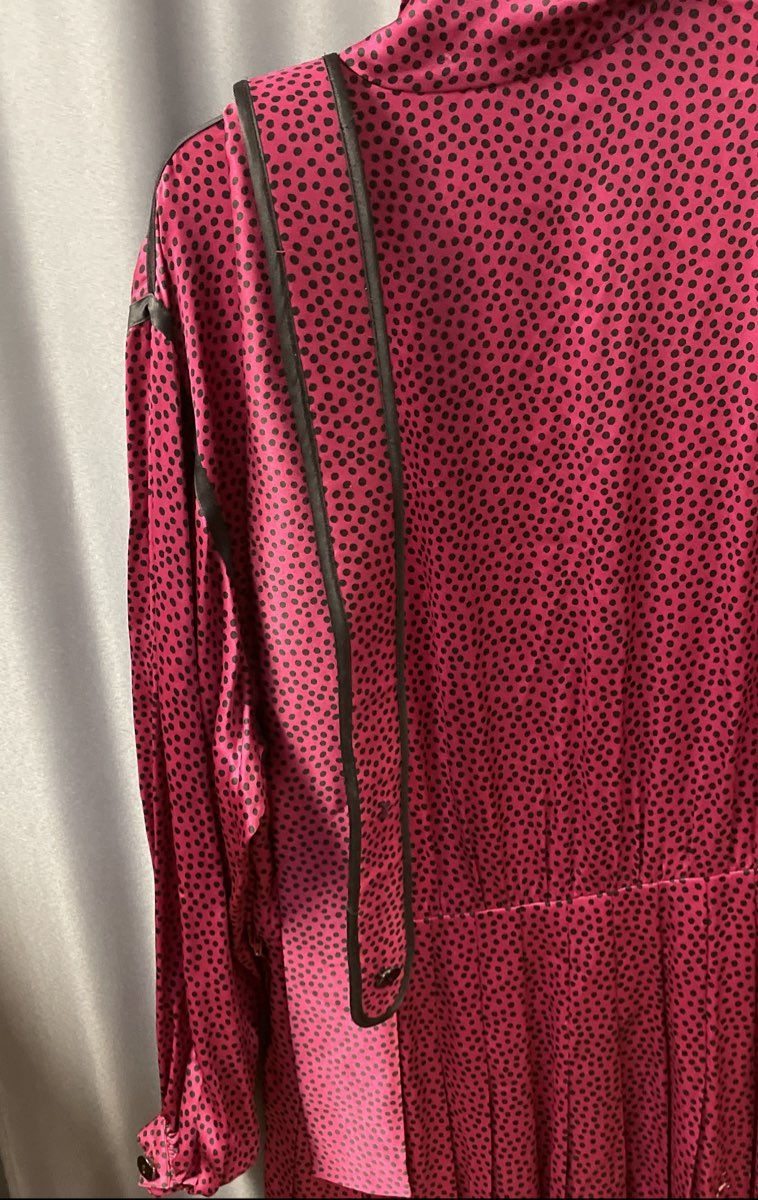 Vintage 80s Albert Nipon Silk Pussy Bow Dress Polka Dot Scarlet Black Sz 14