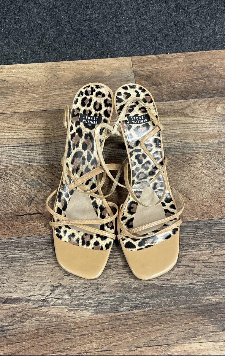 Vintage 90s Stuart Weitzman Tan Leopard Print Strappy Sandals 7.5