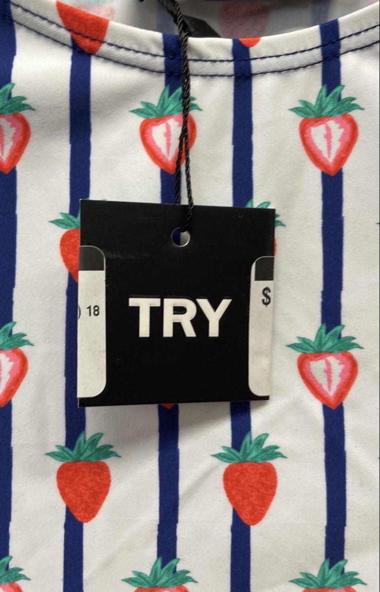 TRY Women's Strawberry Striped Ruffled Swim Cover Up Dress Red Navy Sz 18 NWT