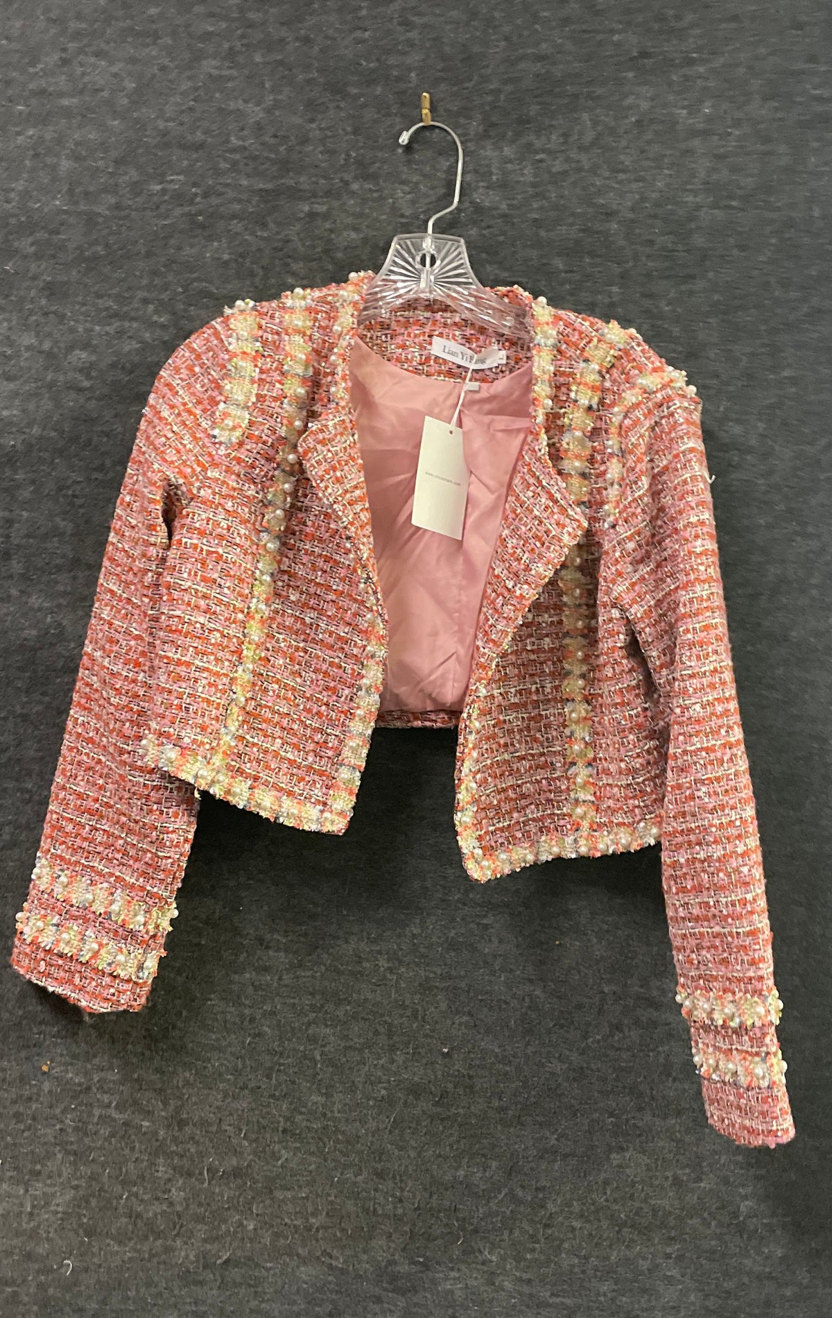 Lian Yi Fang Women's Pink Tweed Boucle Pearl Trim Open Front Jacket Sz L NWT