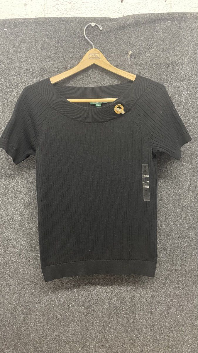Lauren Ralph Lauren Women's Black Ribbed Short Sleeve Sweater Gold Logo Sz M NWT