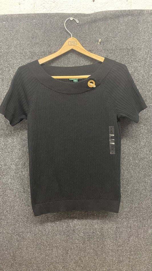 Lauren Ralph Lauren Women's Black Ribbed Short Sleeve Sweater Gold Logo Sz M NWT