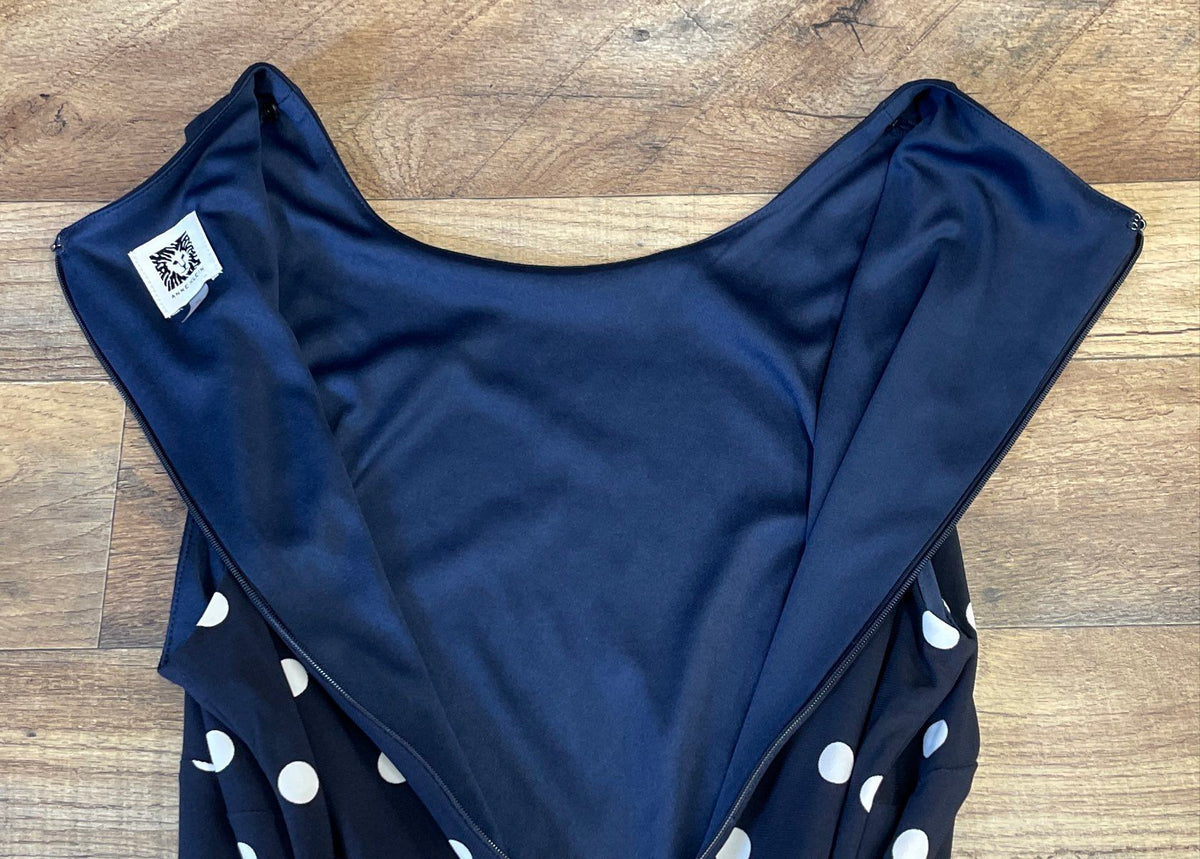 Anne Klein Women's Navy Blue Polka Dot Tie Waist Sleeveless Dress Size 6