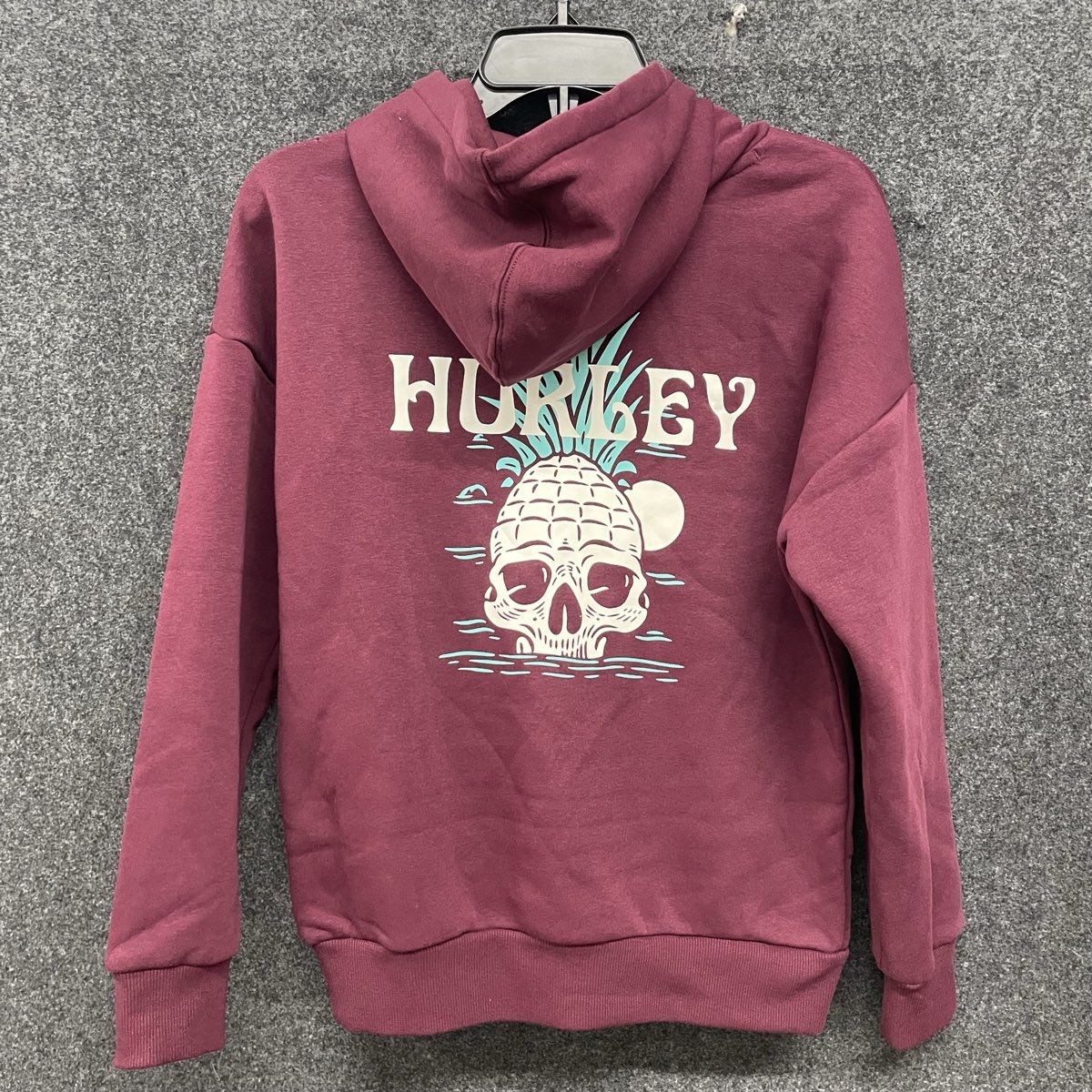 Hurley Boys Burgundy Drop Shoulder Graphic Hoodie Skull Pineapple Back Sz L NWT