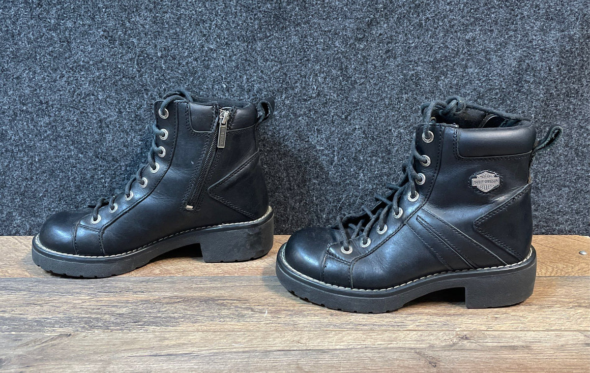 Harley Davidson Women's Black Leather Lace-Up Side Zip Motorcycle Boots Size 8
