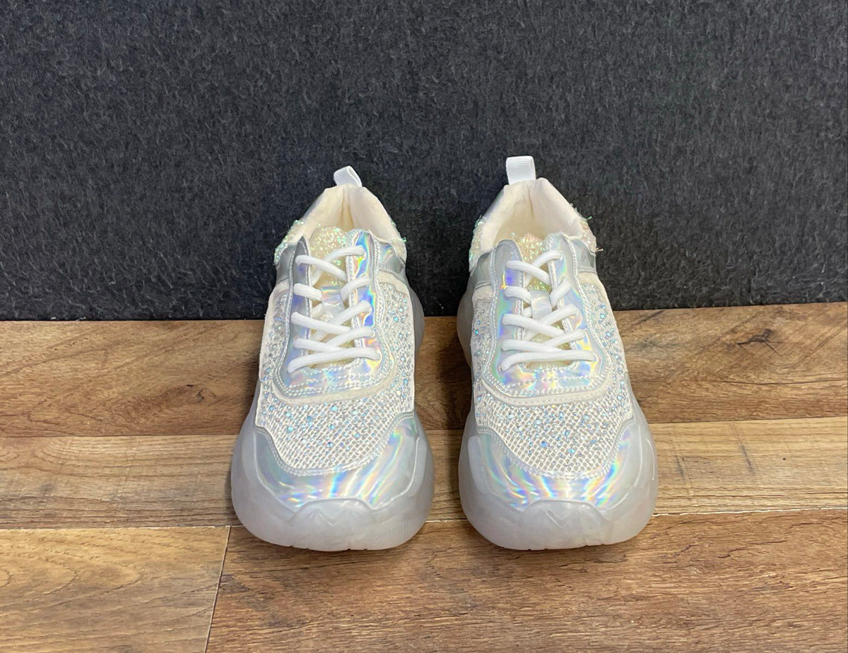 La Sheelah Mindful-7 Silver Holographic Rhinestone Sneakers Size 7