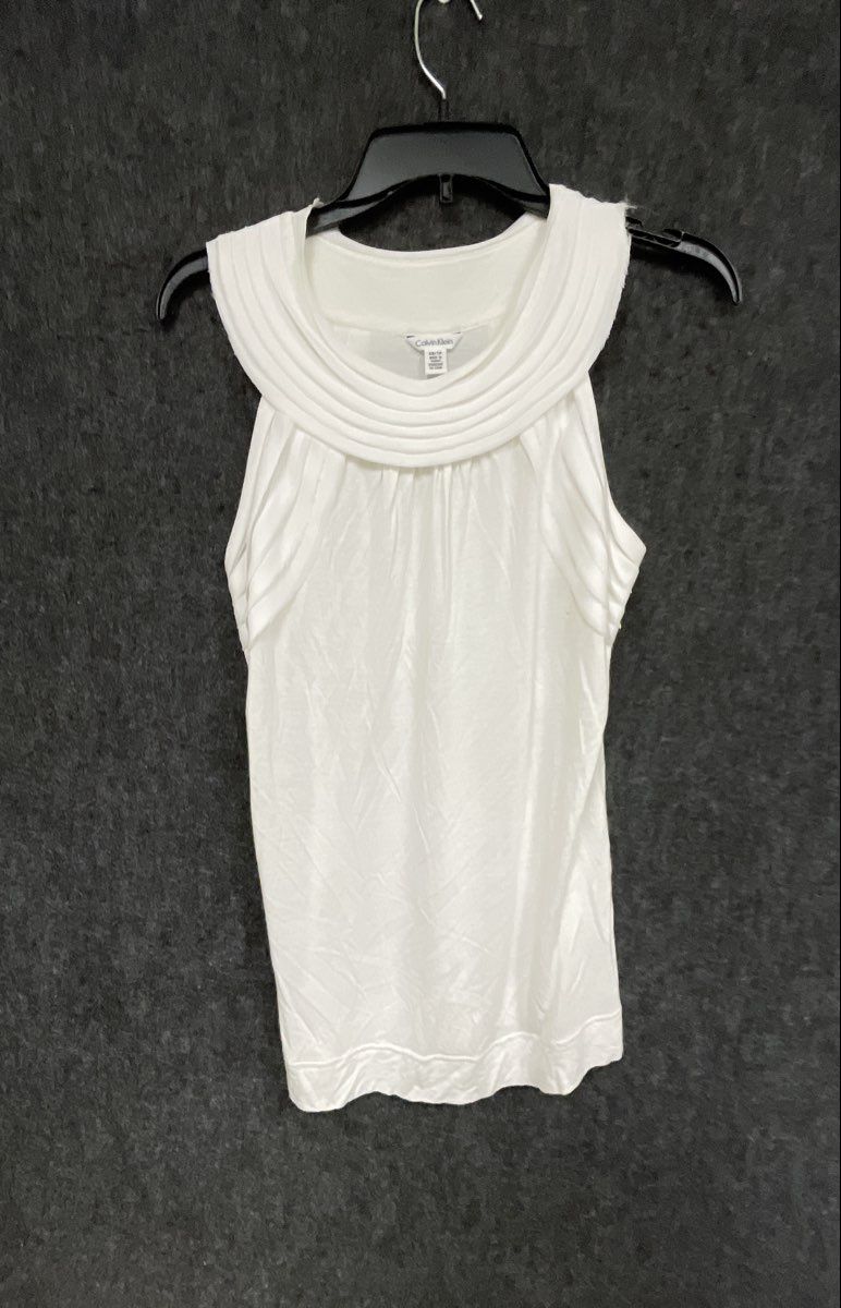 Calvin Klein Women's White Pleated Neckline Sleeveless Blouse Top Sz XS