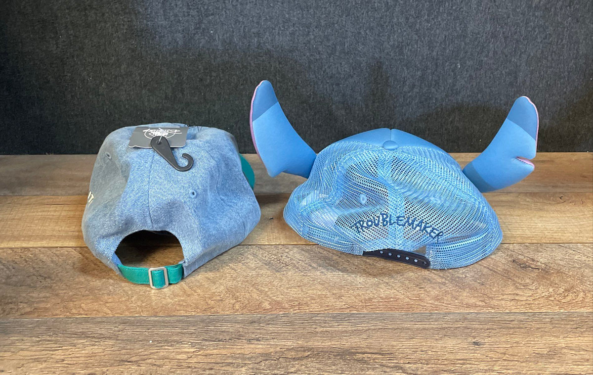 Disney Stitch Hat Lot 2pc 3D Ears Trucker Trouble Maker & Denim Floral OSFM