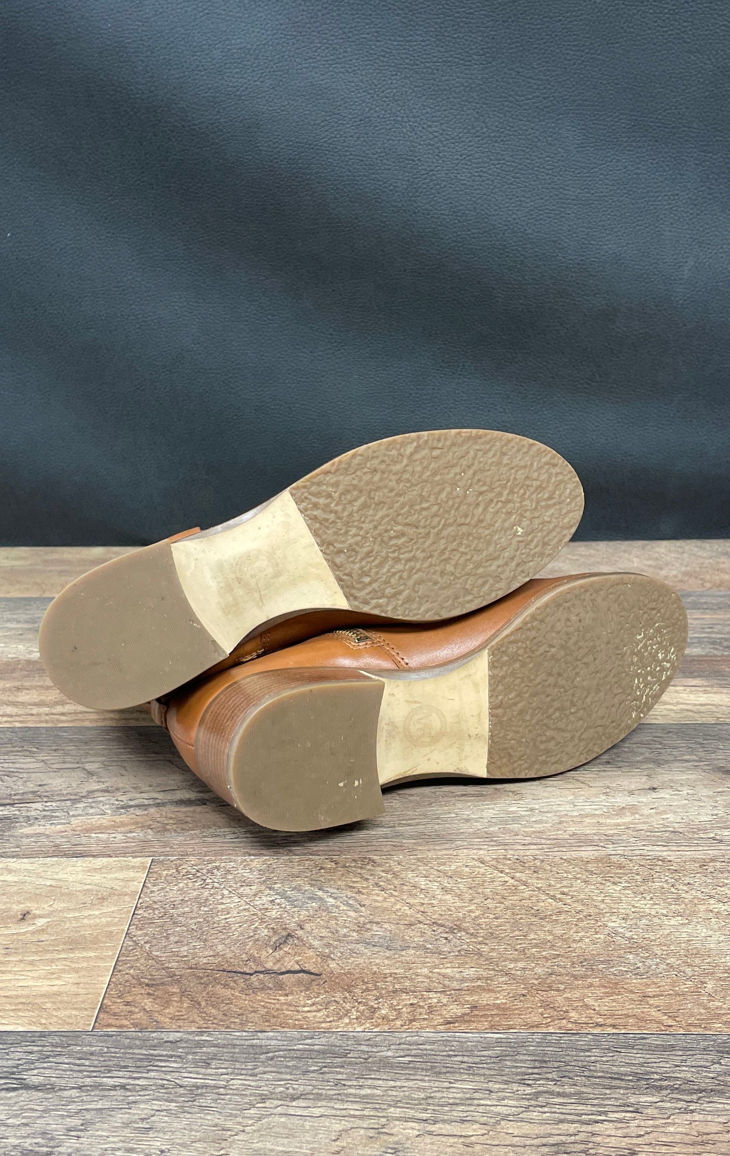 Michael Kors Brown Leather Harness Ankle Boots Gold MK Logo Size 7