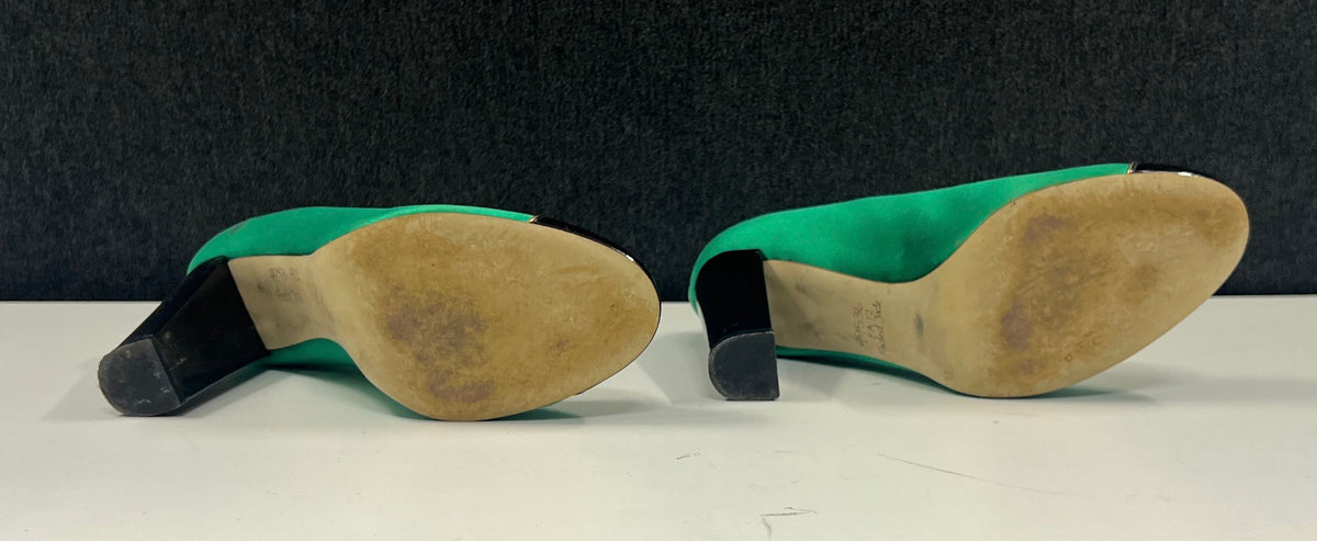 J.Crew Faded Jade Green Black Patent Cap Toe Block Heel Pumps Size 6