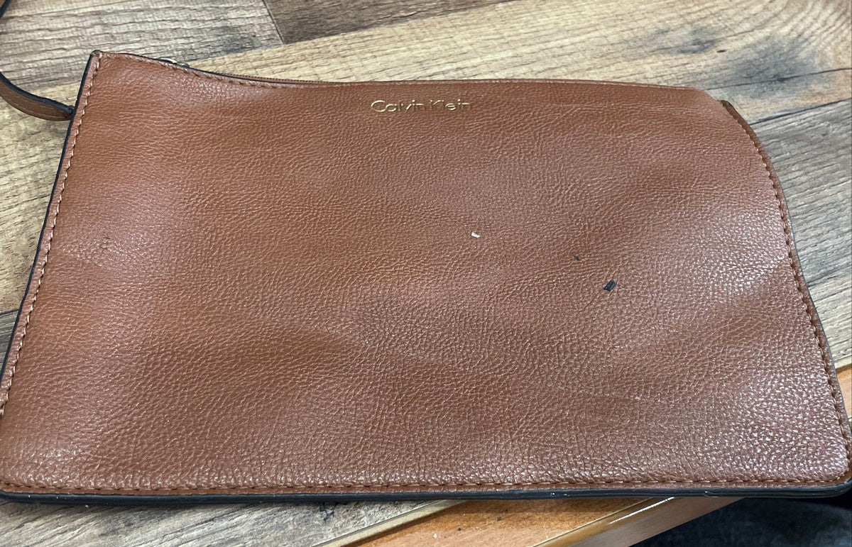 Calvin Klein Brown Pebbled Leather Tote Bag with Removable Pouch Gold Tone