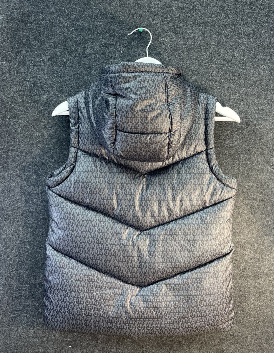 Michael Kors Girls Gray Black Monogram Print Hooded Full Zip Puffer Vest Sz 14