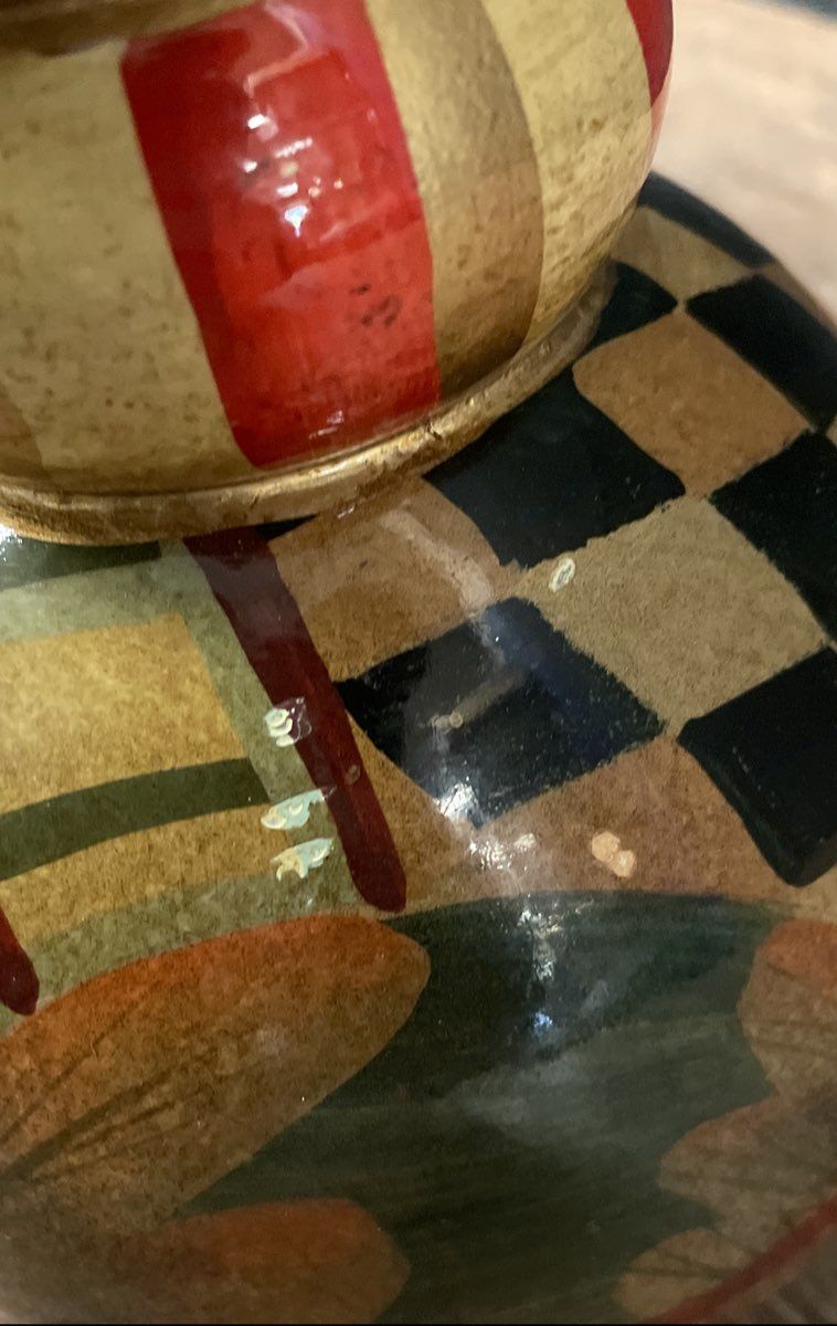 Vintage Hand Painted Wood Candle Holder Tall Eclectic Checkerboard Floral 15"