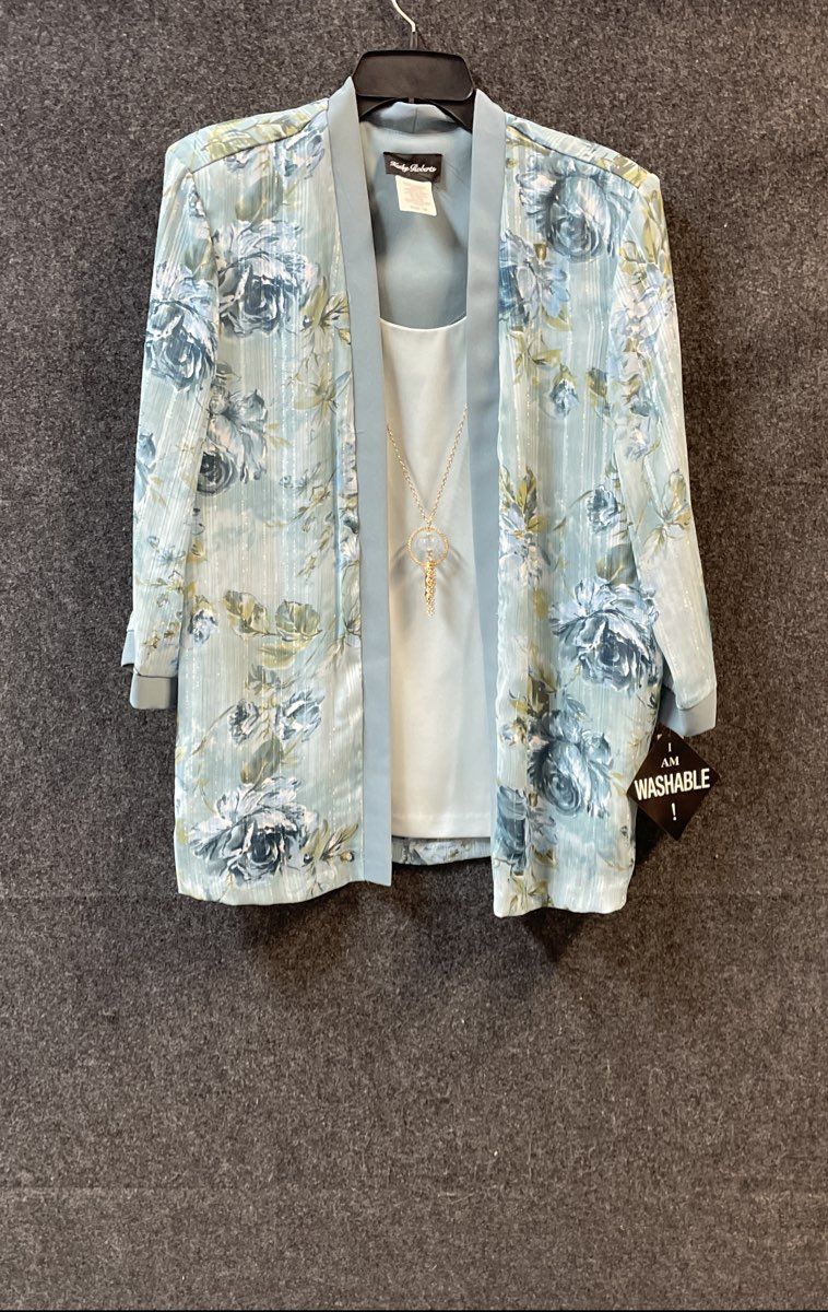 Kathy Roberts Women's Blue Floral Jacket Dress NWT 2 Piece Satin Stripe Sz 18