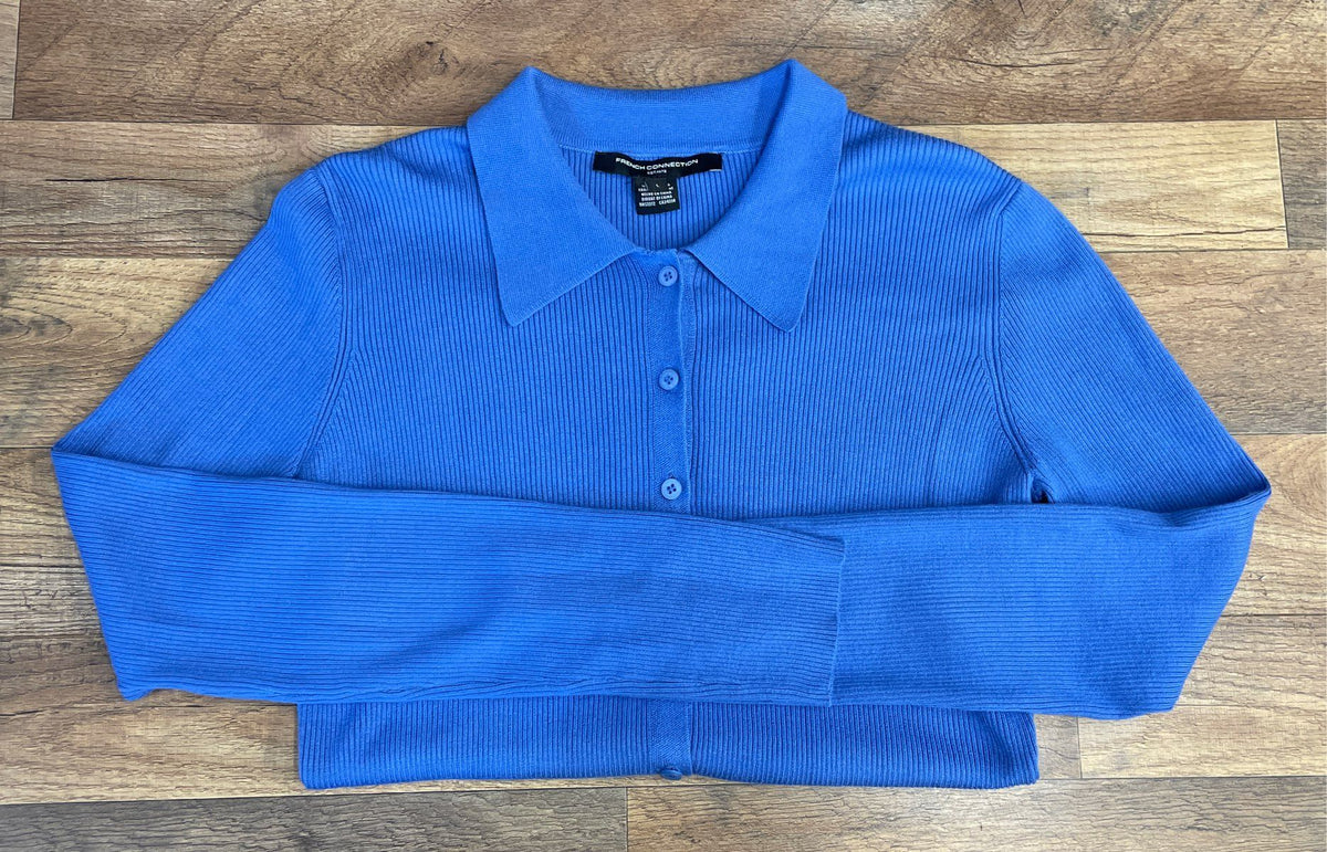 French Connection Women's Blue Ribbed Knit Polo Collar Sweater Cardigan Sz L