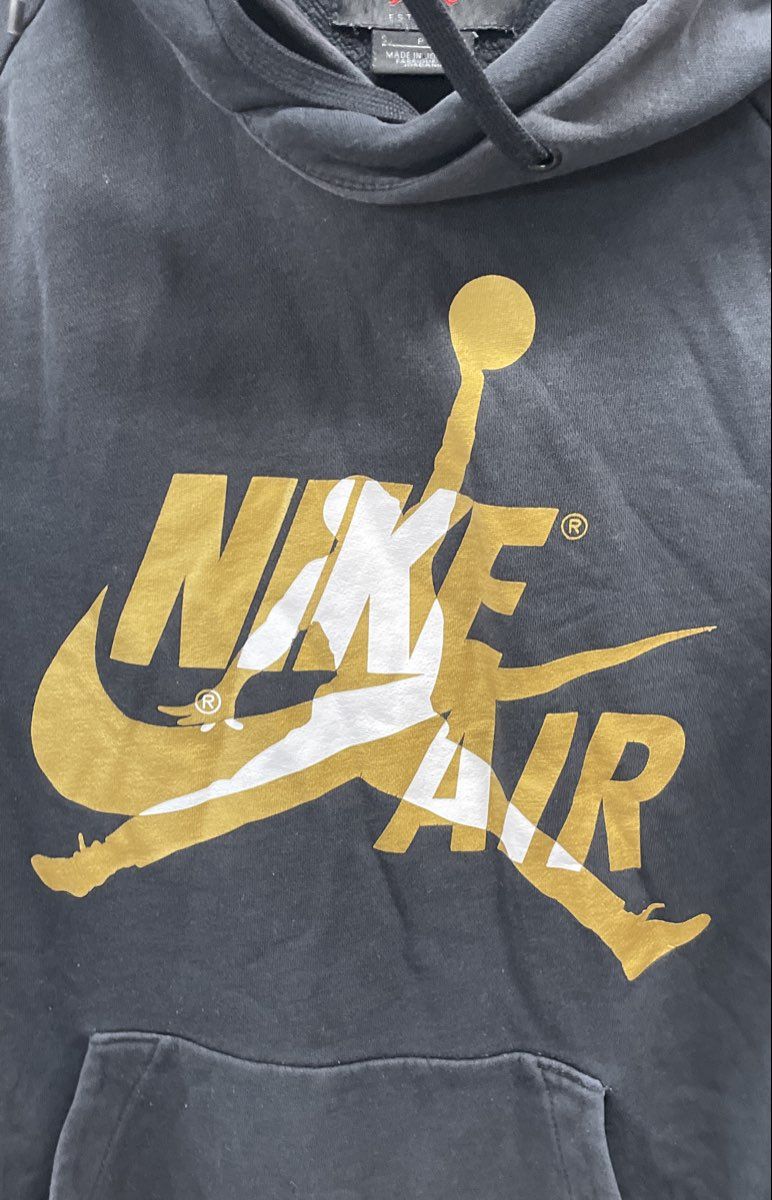 Nike Air Jordan Men's Black Hoodie Gold Jumpman Graphic Pullover Sleeve Script S