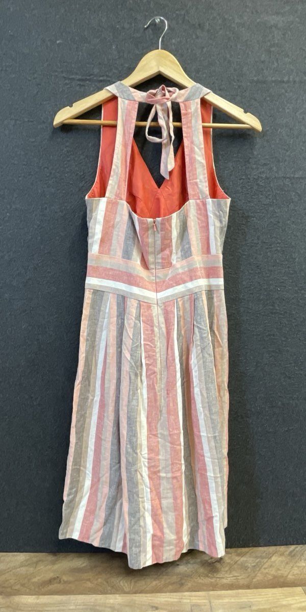 Donna Ricco NY Women's Halter Dress Pink Striped Linen Blend V-Neck Tie Back 4