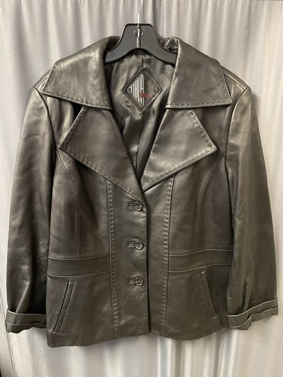 Tibor Leathers Women's Black Leather Collared Button Up Coat Sz XL