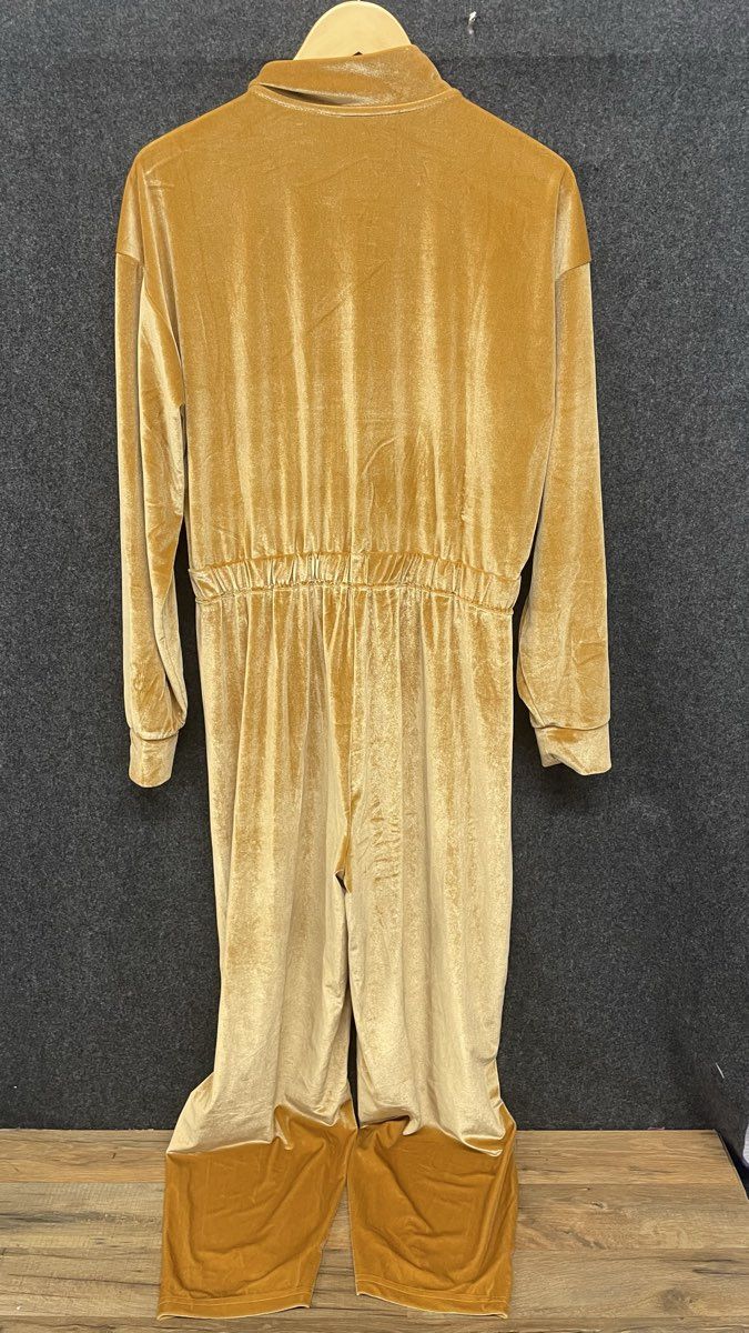 NWT Fabletics Women's Light Honey Gold Velour Zip-Up Wide Leg Jumpsuit Sz XL
