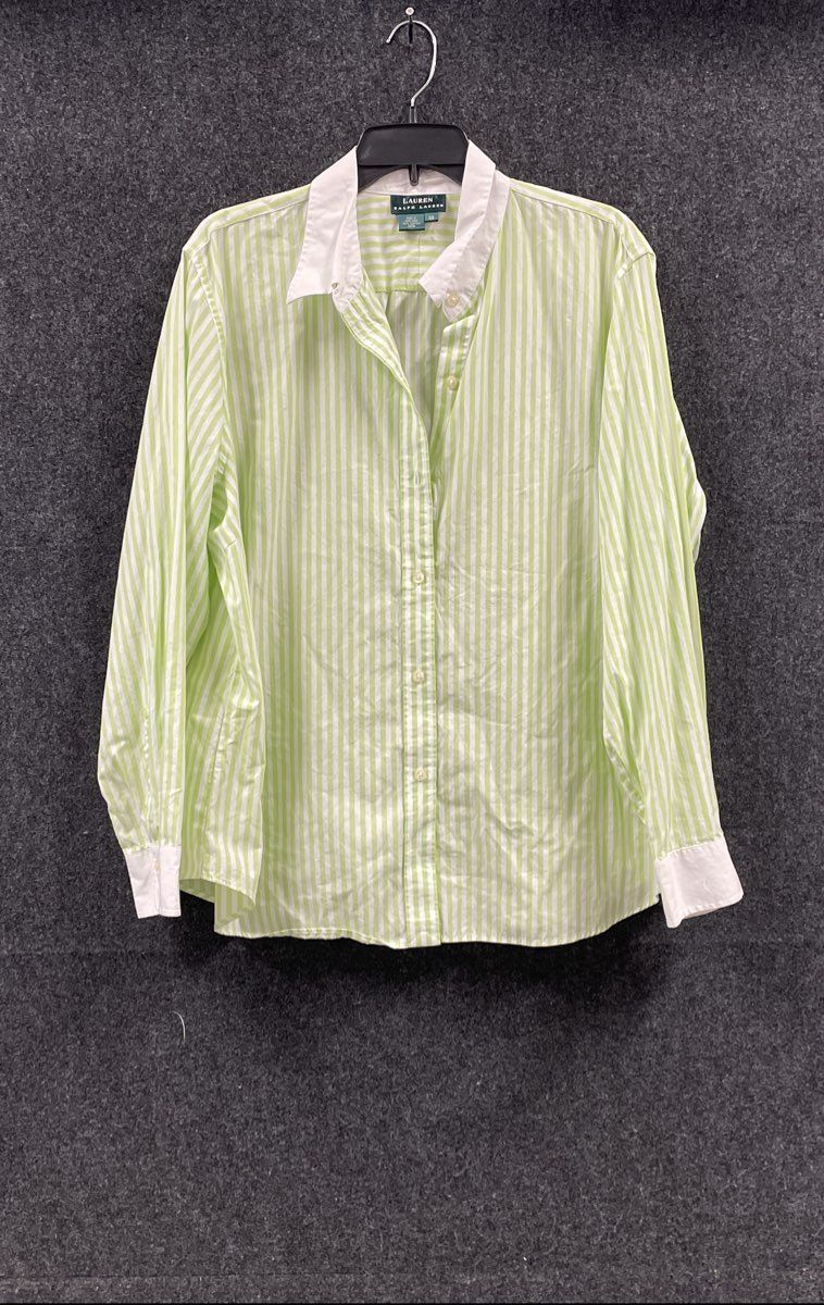 Lauren Ralph Lauren Women's Green White Striped Contrast Collar Cotton Shirt 3X
