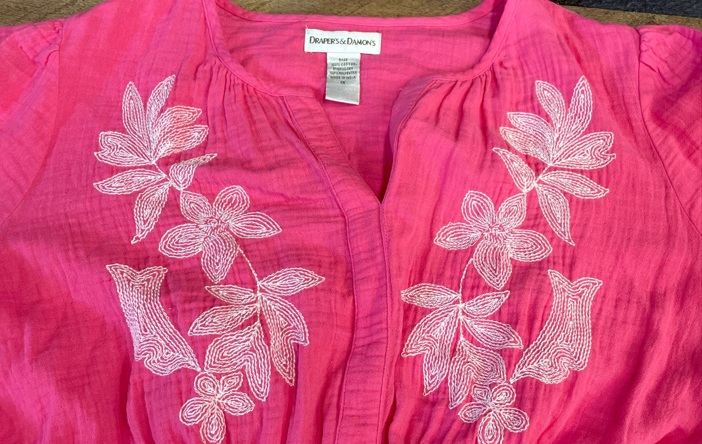 Draper's & Damon's Women's Pink Embroidered Floral Tiered V-Neck Cotton Dress 1X