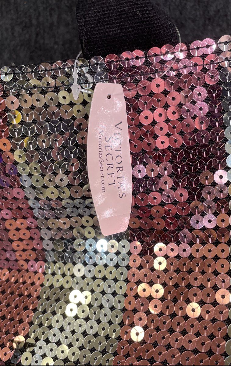 Victoria's Secret Silver and Pink Striped Sequined Tote Bag NWT