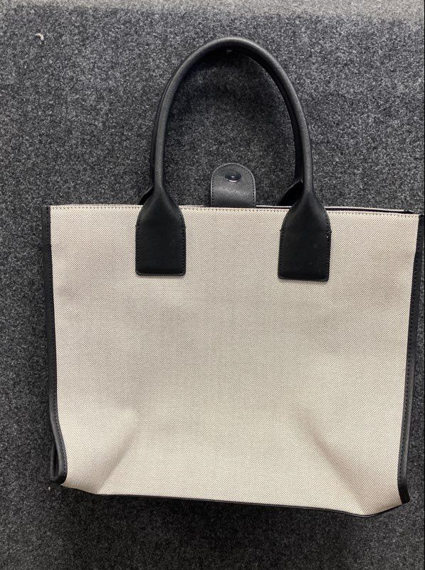 DKNY Tan Black Striped Canvas Tote Bag Large Saffiano Leather Trim