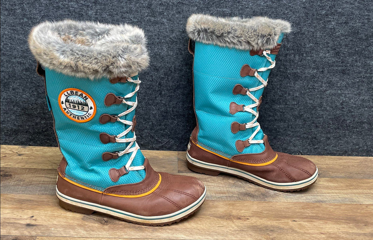 LL Bean Wildcat Boots Teal Brown Waterproof Faux Fur Snow Boots Women's Size 10