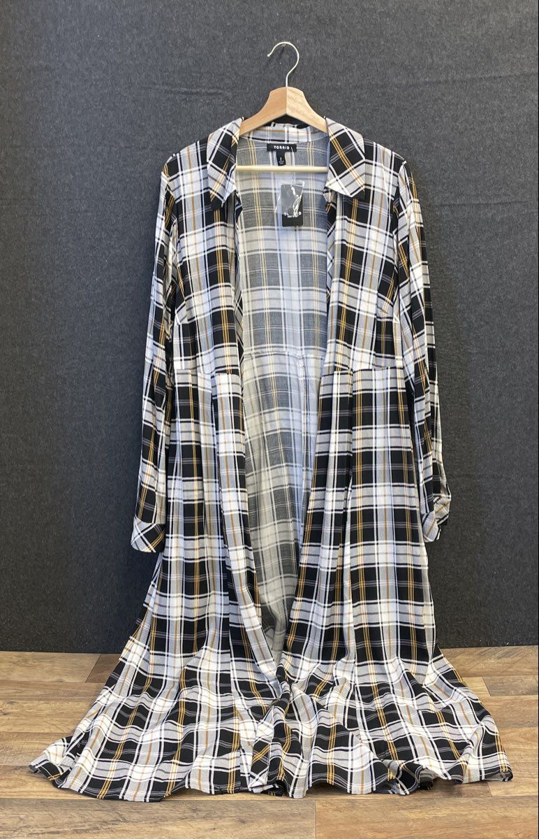 Torrid Women's Black White Yellow Plaid Challis Kimono Duster Sz 2X NWT